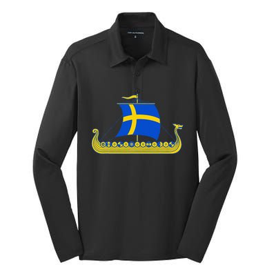 Swedish Viking Ship Sverige Sweden Flag Boat Viking Silk Touch Performance Long Sleeve Polo