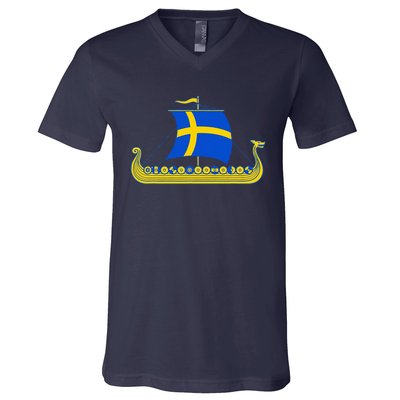 Swedish Viking Ship Sverige Sweden Flag Boat Viking V-Neck T-Shirt