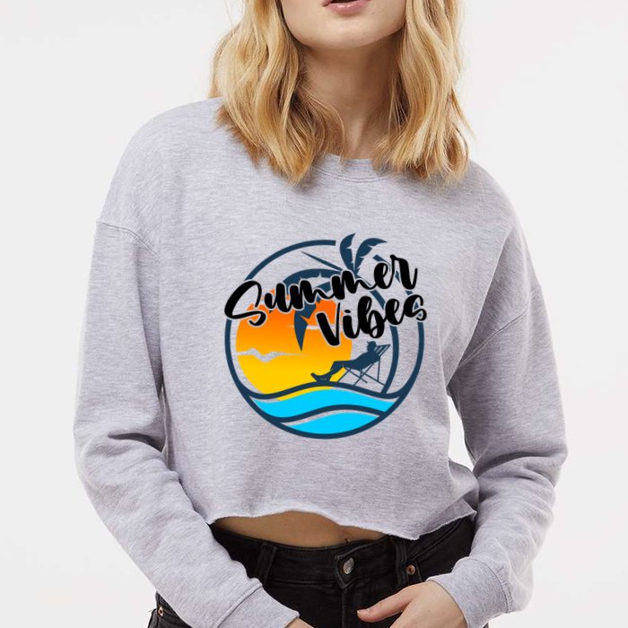 Summer Vibes Sunset Beach Tropical Cropped Pullover Crew