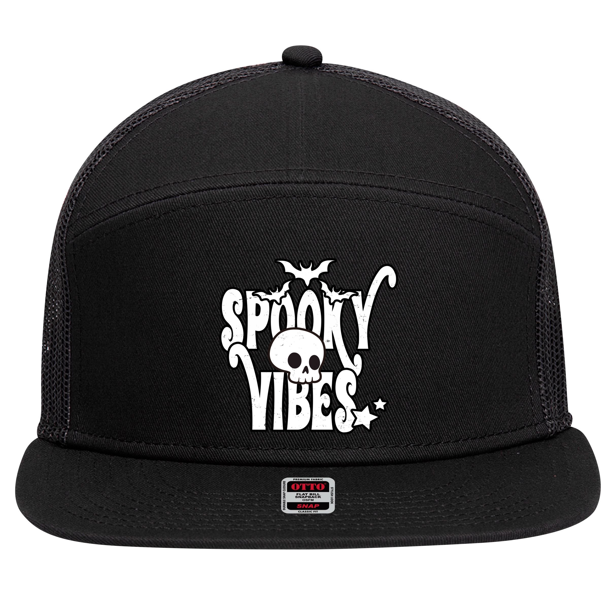 Spooky Vibes Skull Halloween 7 Panel Mesh Trucker Snapback Hat
