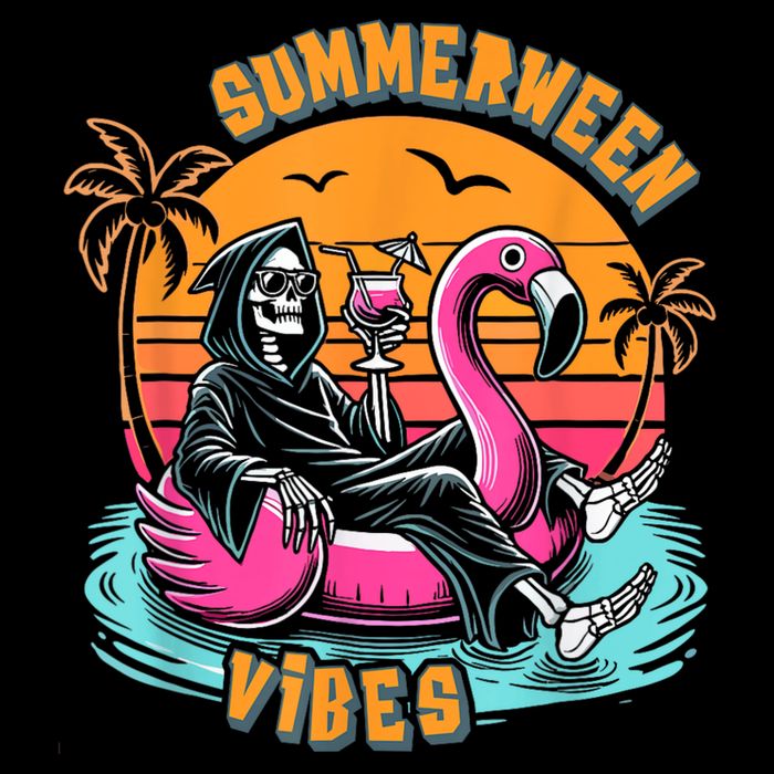 Summerween Vibes Skeleton Flamingo Spooky Halloween Summer Drawstring Bag