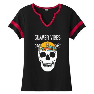 Summer Vibes Skeleton Funny Skull Wearing Hawaiian Ladies Halftime Notch Neck Tee