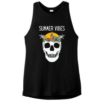 Summer Vibes Skeleton Funny Skull Wearing Hawaiian Ladies PosiCharge Tri-Blend Wicking Tank