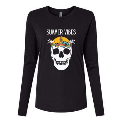 Summer Vibes Skeleton Funny Skull Wearing Hawaiian Womens Cotton Relaxed Long Sleeve T-Shirt