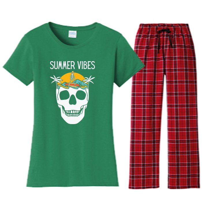 Summer Vibes Skeleton Funny Skull Wearing Hawaiian Women's Flannel Pajama Set