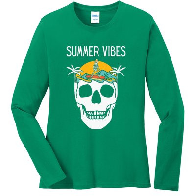 Summer Vibes Skeleton Funny Skull Wearing Hawaiian Ladies Long Sleeve Shirt