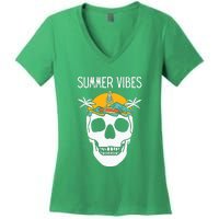 Summer Vibes Skeleton Funny Skull Wearing Hawaiian Women's V-Neck T-Shirt