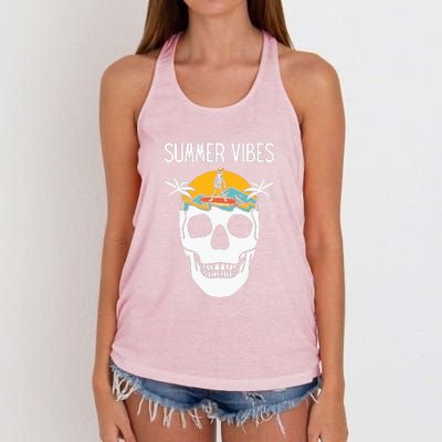 Summer Vibes Skeleton Funny Skull Wearing Hawaiian Women's Knotted Racerback Tank