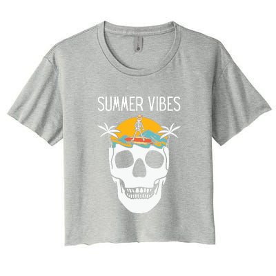 Summer Vibes Skeleton Funny Skull Wearing Hawaiian Women's Crop Top Tee