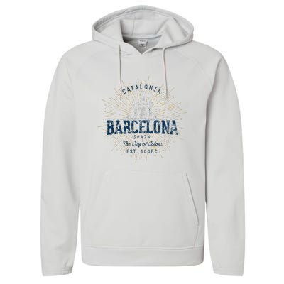 Spain Vacation Souvenir Vintage Barcelona Performance Fleece Hoodie