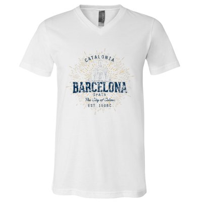 Spain Vacation Souvenir Vintage Barcelona V-Neck T-Shirt