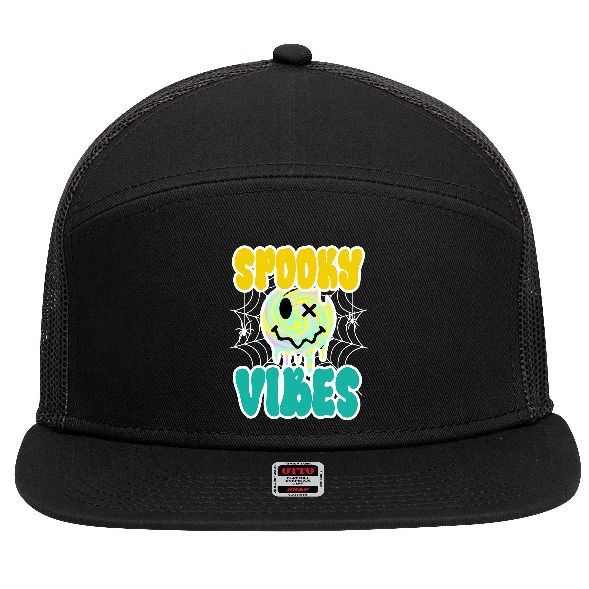Spooky Vibes Smile Face Halloween 7 Panel Mesh Trucker Snapback Hat