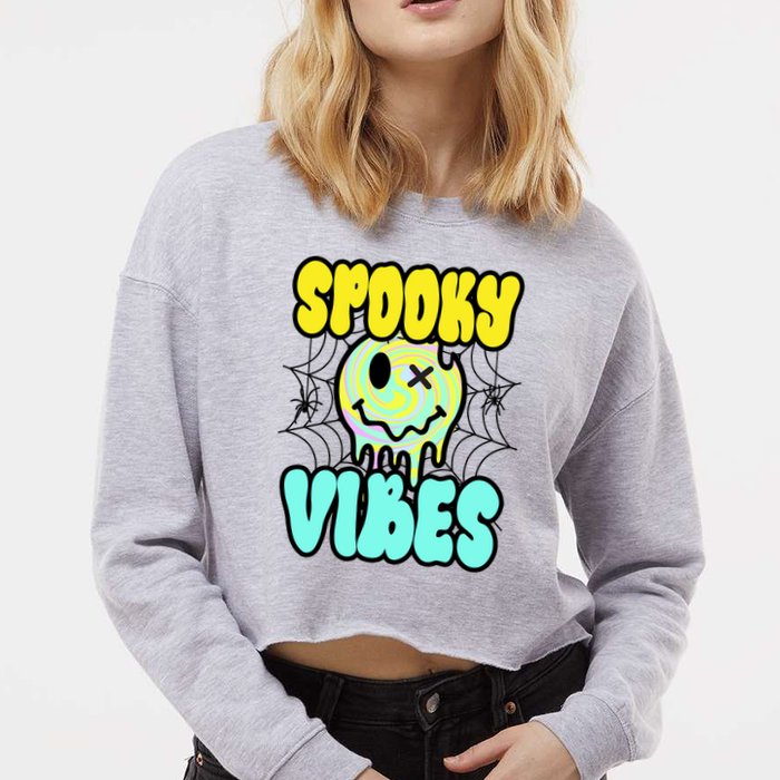 Spooky Vibes Smile Face Halloween Cropped Pullover Crew