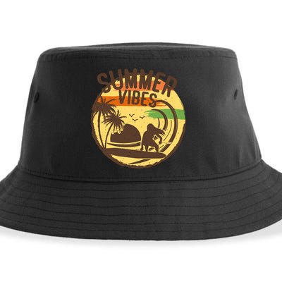 Surfing Vintage Summer Vibes Surfing Palm Beach Gift Sustainable Bucket Hat