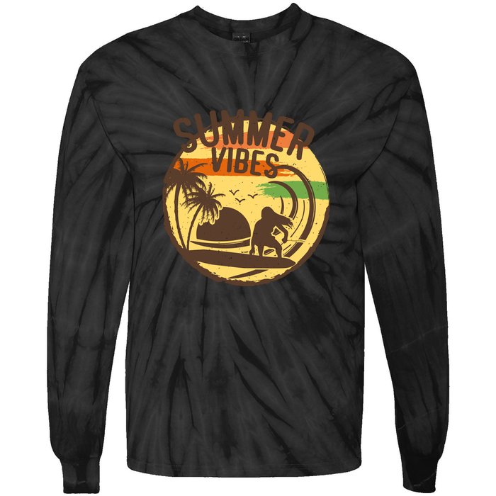 Surfing Vintage Summer Vibes Surfing Palm Beach Gift Tie-Dye Long Sleeve Shirt