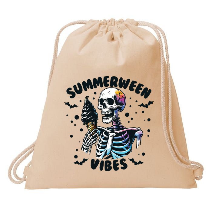 Summerween Vibes Skeleton Ice Cream Summer Vacation Funny Drawstring Bag