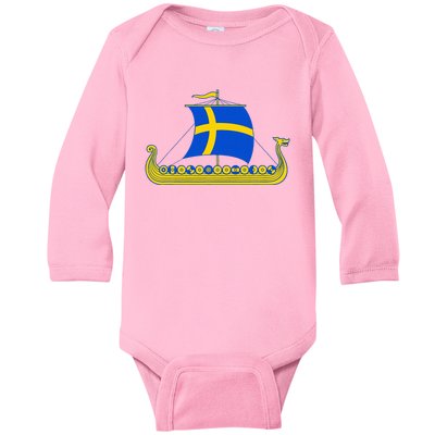 Swedish Viking Ship Sverige Sweden Flag Boat Viking Baby Long Sleeve Bodysuit