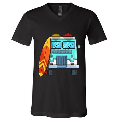 Surf Van Surfboard Palm Trees Surfing Surfer Waves Summer V-Neck T-Shirt