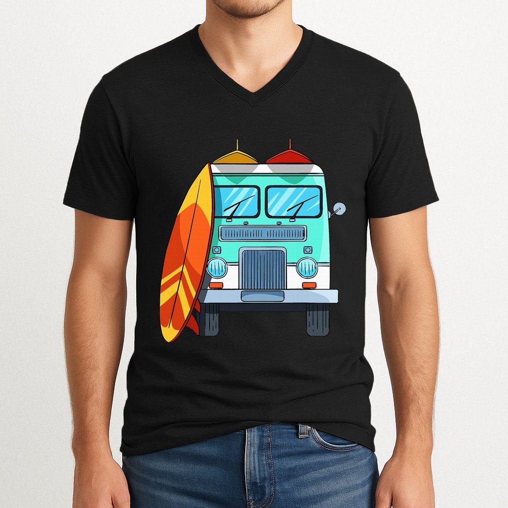 Surf Van Surfboard Palm Trees Surfing Surfer Waves Summer V-Neck T-Shirt