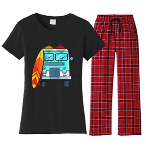 Surf Van Surfboard Palm Trees Surfing Surfer Waves Summer Women's Flannel Pajama Set