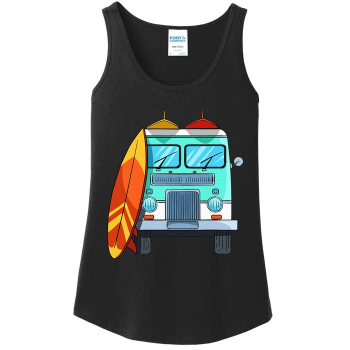 Surf Van Surfboard Palm Trees Surfing Surfer Waves Summer Ladies Essential Tank