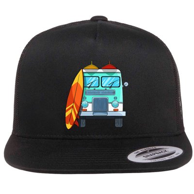 Surf Van Surfboard Palm Trees Surfing Surfer Waves Summer Flatbill Hat