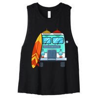 Surf Van Surfboard Palm Trees Surfing Surfer Waves Summer Women's Racerback Cropped Tank