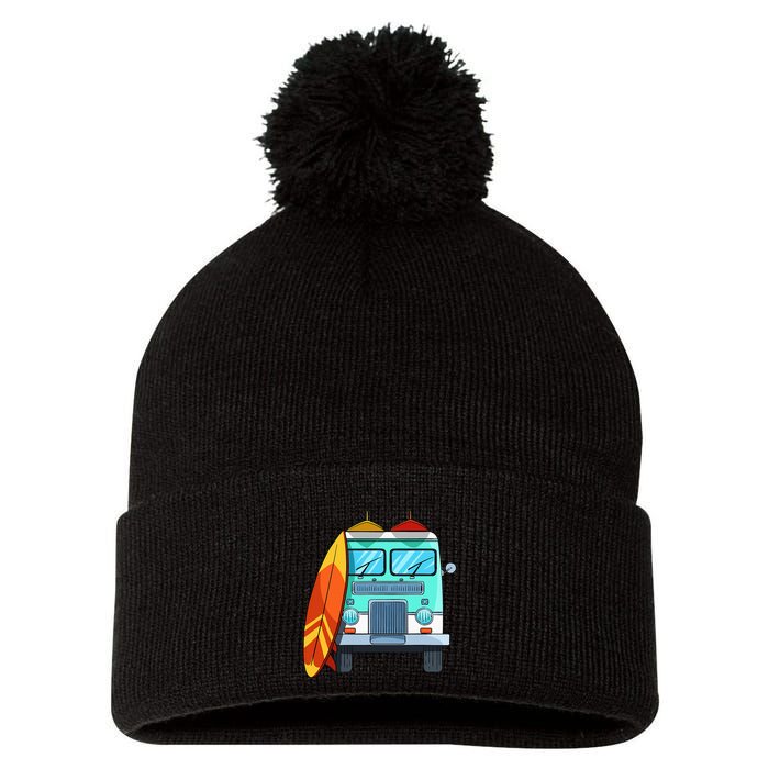 Surf Van Surfboard Palm Trees Surfing Surfer Waves Summer Pom Pom 12in Knit Beanie