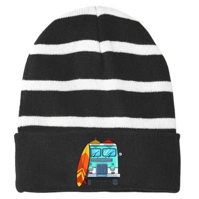 Surf Van Surfboard Palm Trees Surfing Surfer Waves Summer Striped Beanie with Solid Band