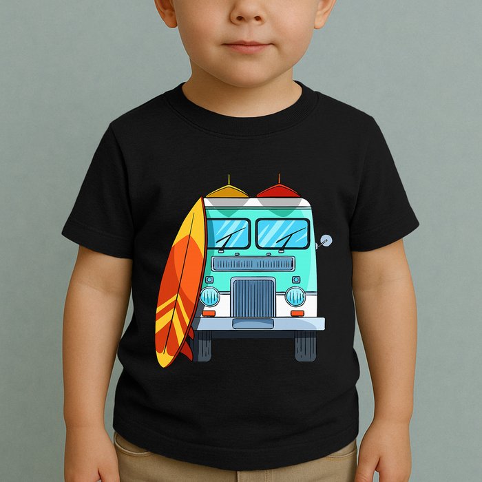 Surf Van Surfboard Palm Trees Surfing Surfer Waves Summer Toddler T-Shirt
