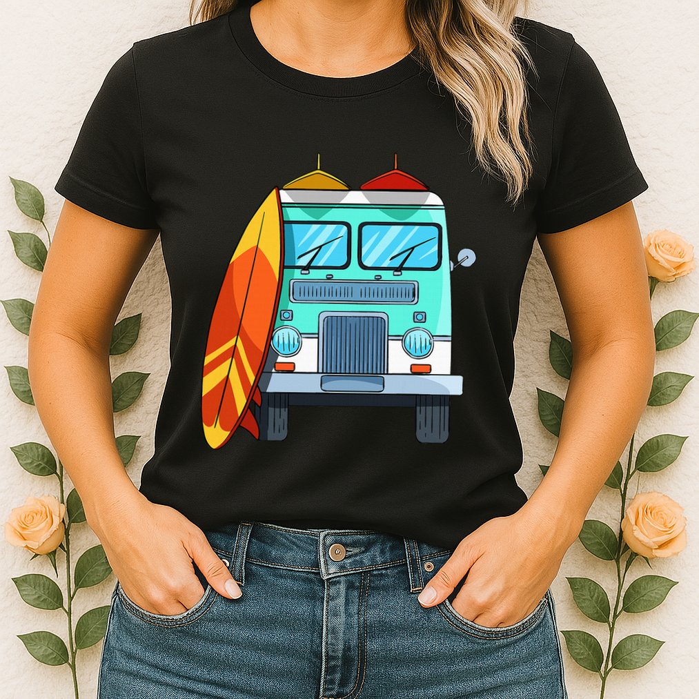 Surf Van Surfboard Palm Trees Surfing Surfer Waves Summer Womens T-Shirt