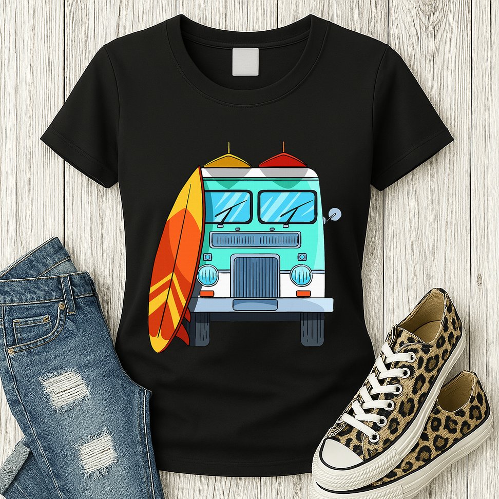 Surf Van Surfboard Palm Trees Surfing Surfer Waves Summer Womens T-Shirt