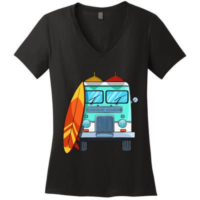 Surf Van Surfboard Palm Trees Surfing Surfer Waves Summer Women's V-Neck T-Shirt
