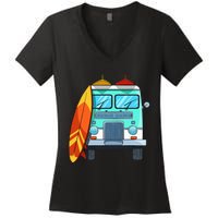 Surf Van Surfboard Palm Trees Surfing Surfer Waves Summer Women's V-Neck T-Shirt