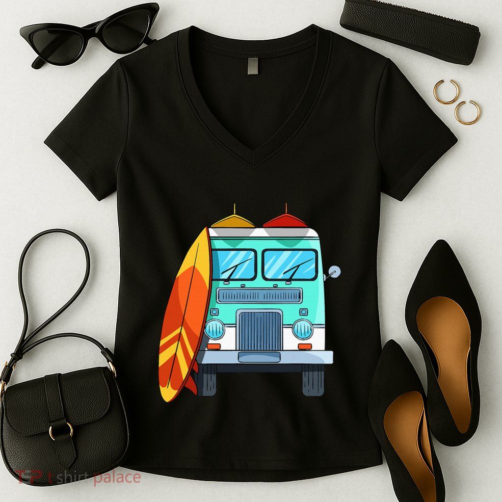 Surf Van Surfboard Palm Trees Surfing Surfer Waves Summer Women's V-Neck T-Shirt