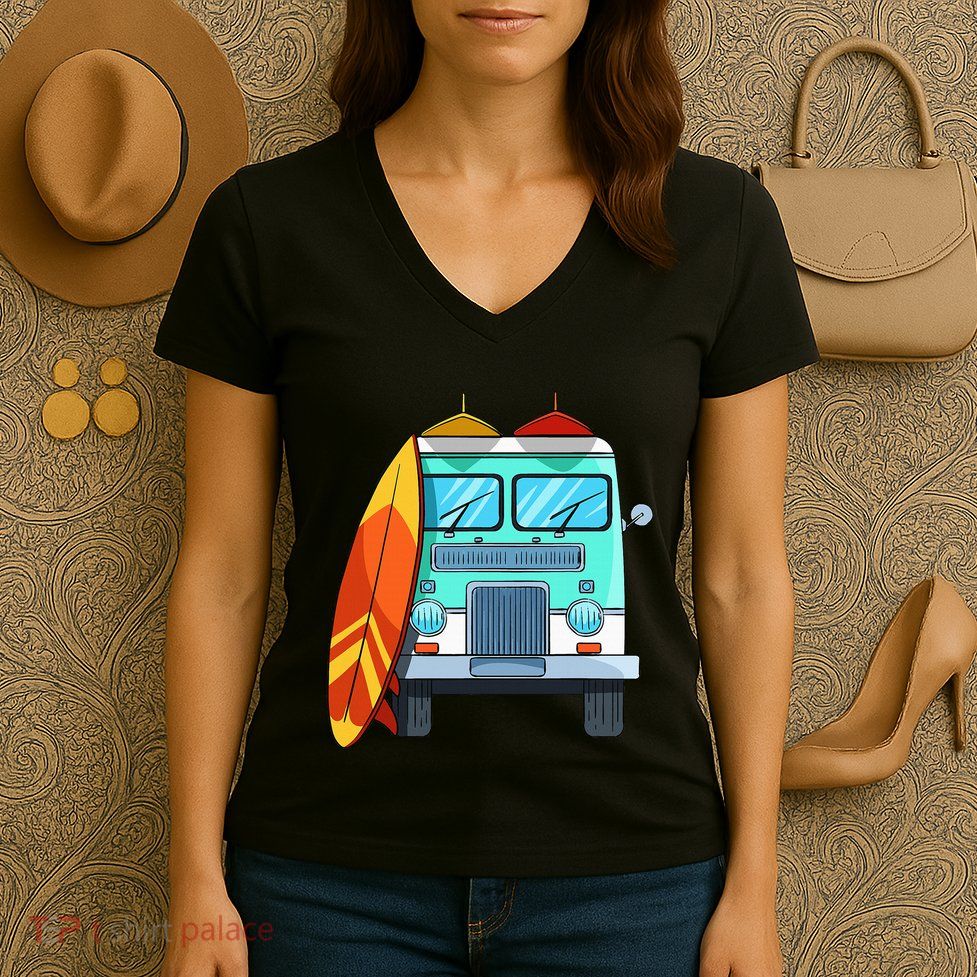 Surf Van Surfboard Palm Trees Surfing Surfer Waves Summer Women's V-Neck T-Shirt