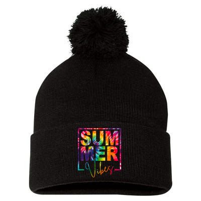Summer Vibes Tie Dye Colorful Fun Pom Pom 12in Knit Beanie