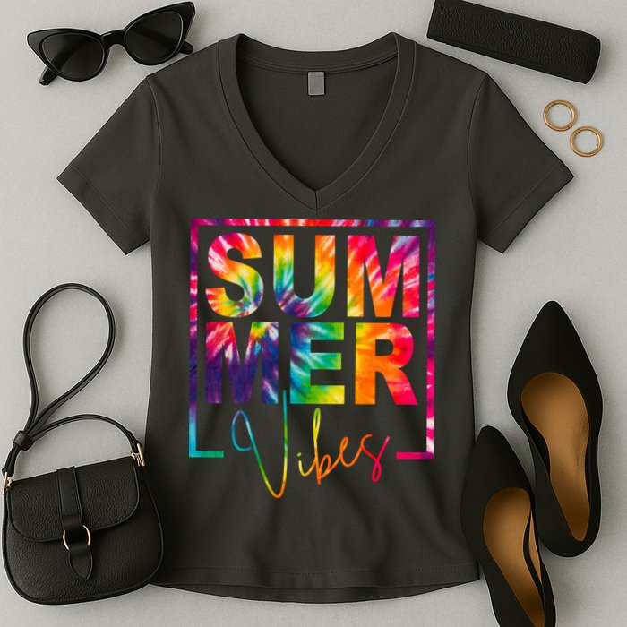 Summer Vibes Tie Dye Colorful Fun Women's V-Neck T-Shirt