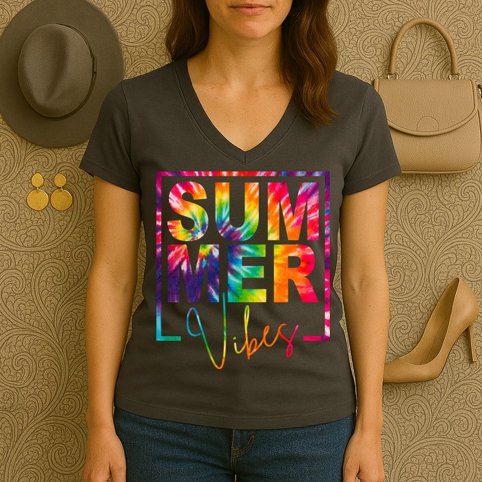 Summer Vibes Tie Dye Colorful Fun Women's V-Neck T-Shirt