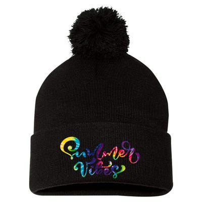 Summer Vibes Tie Dye Colorful Pom Pom 12in Knit Beanie