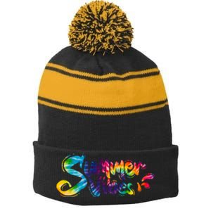 Summer Vibes Tie Dye Rainbow Stripe Pom Pom Beanie