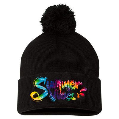 Summer Vibes Tie Dye Rainbow Pom Pom 12in Knit Beanie