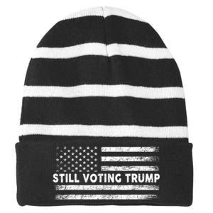 Still Voting Trump 2024 Patriotic American Flag Striped Beanie with Solid Band