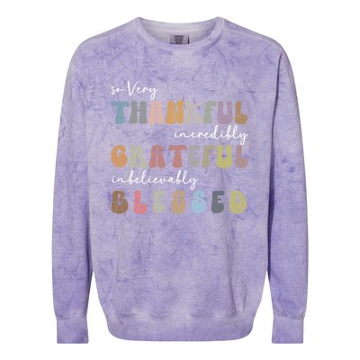 So Very Thankful Grateful Blessed Autumn Groovy Thanksgiving Gift Colorblast Crewneck Sweatshirt