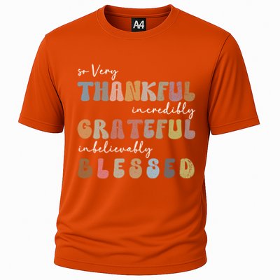 So Very Thankful Grateful Blessed Autumn Groovy Thanksgiving Gift Cooling Performance Crew T-Shirt