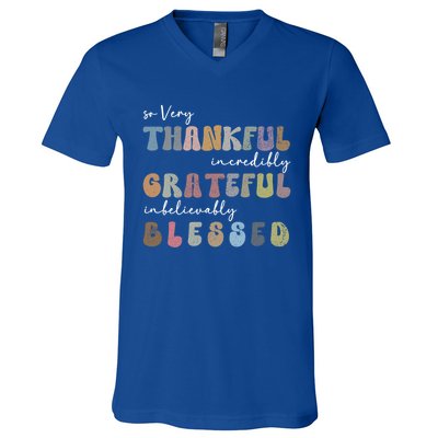 So Very Thankful Grateful Blessed Autumn Groovy Thanksgiving Gift V-Neck T-Shirt