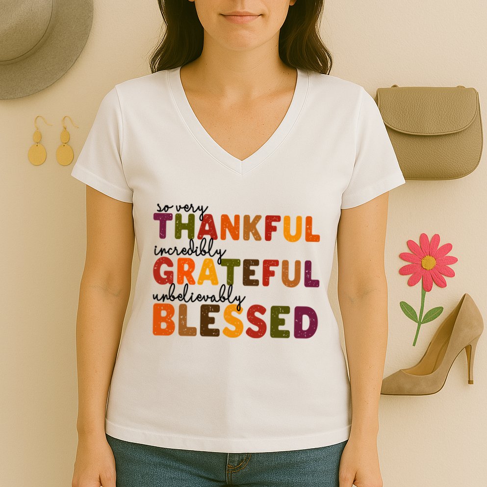 So Very Thankful Incredibly Grateful Unbelievably Blessed Women's V-Neck T-Shirt