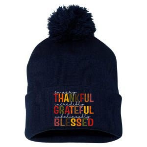 So Very Thankful Incredibly Grateful Unbelievably Blessed Thanksgiving Quote Pom Pom 12in Knit Beanie