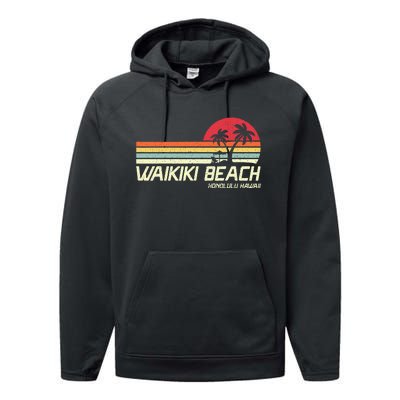 Summer Vacation Vintage Honolulu Hawaii Waikiki Beach Performance Fleece Hoodie