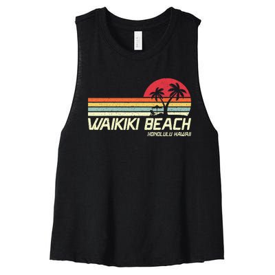 Summer Vacation Vintage Honolulu Hawaii Waikiki Beach Women's Racerback Cropped Tank